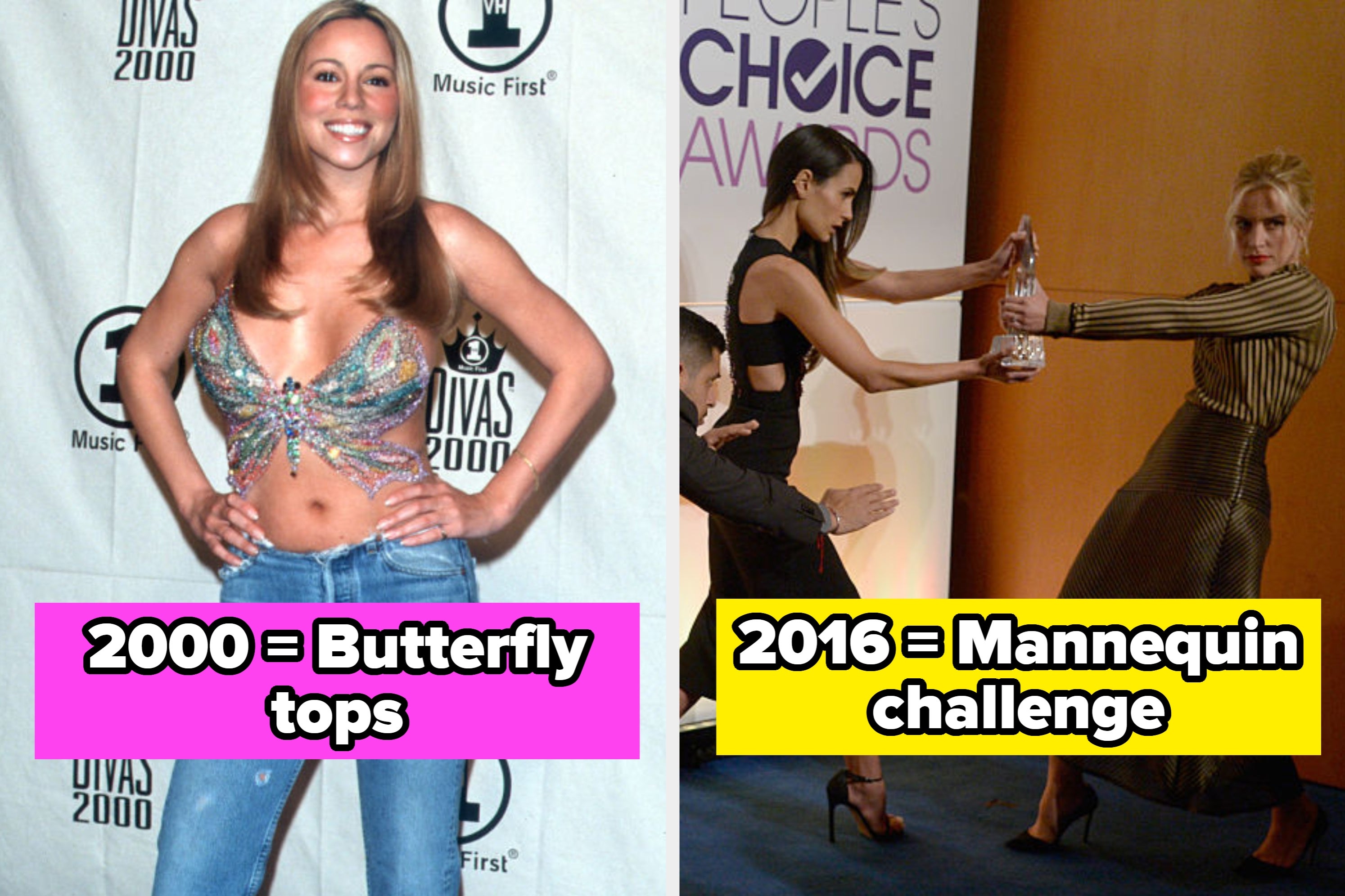 On the left, a person with voluminous hair from the 1980s. On the right, a soccer player in action, referencing the 2016 mannequin challenge