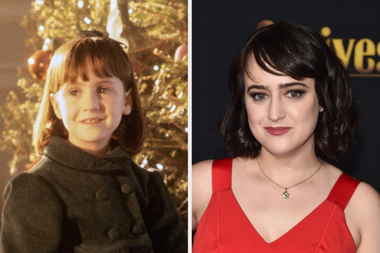 Two images side by side: a child in a coat smiles by a Christmas tree; an adult in a sleeveless dress and necklace poses at an event