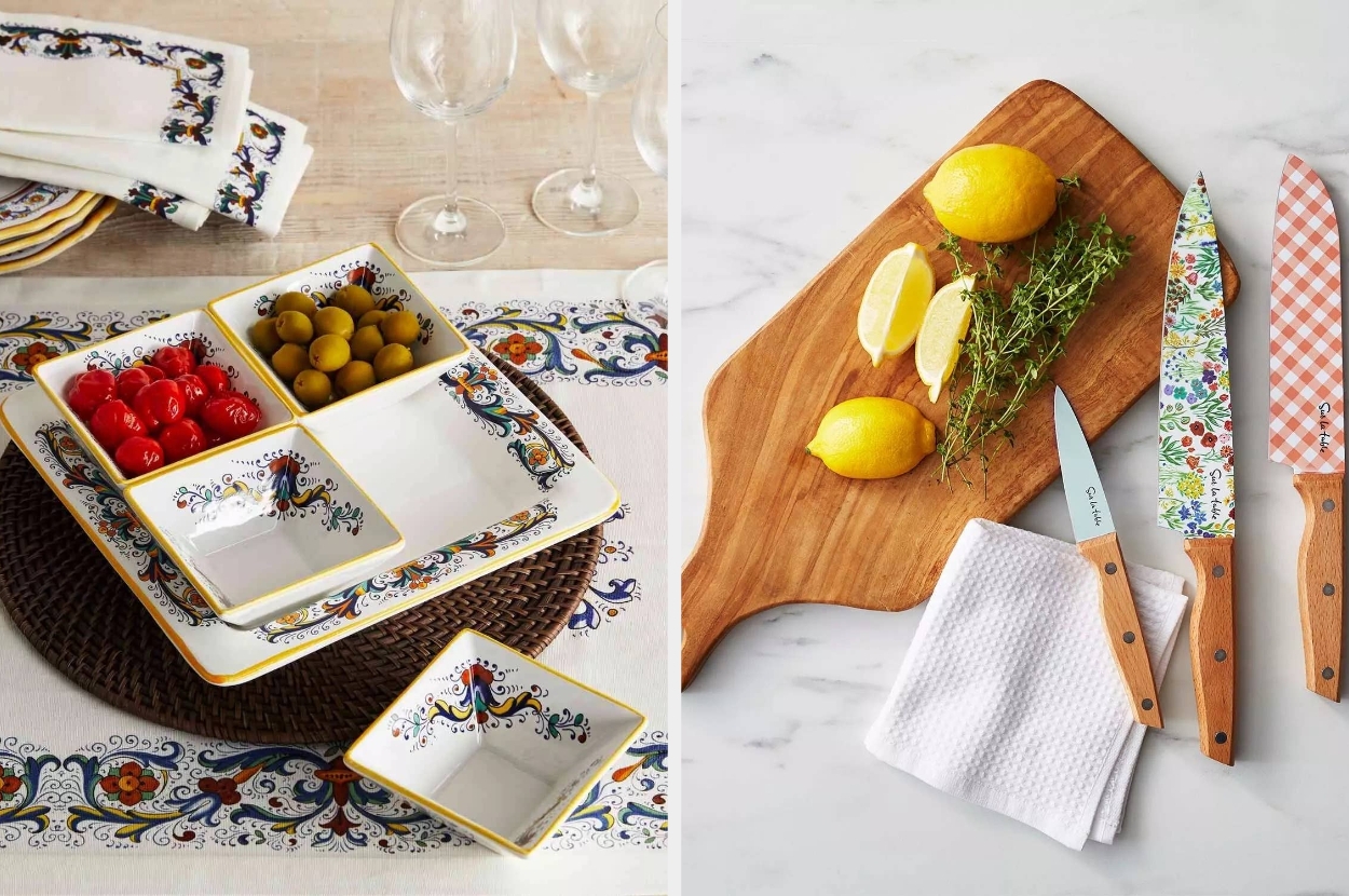 Assorted kitchenware set with patterned dishes and vibrant knives on a cutting board with lemons and herbs, ideal for stylish dining and cooking