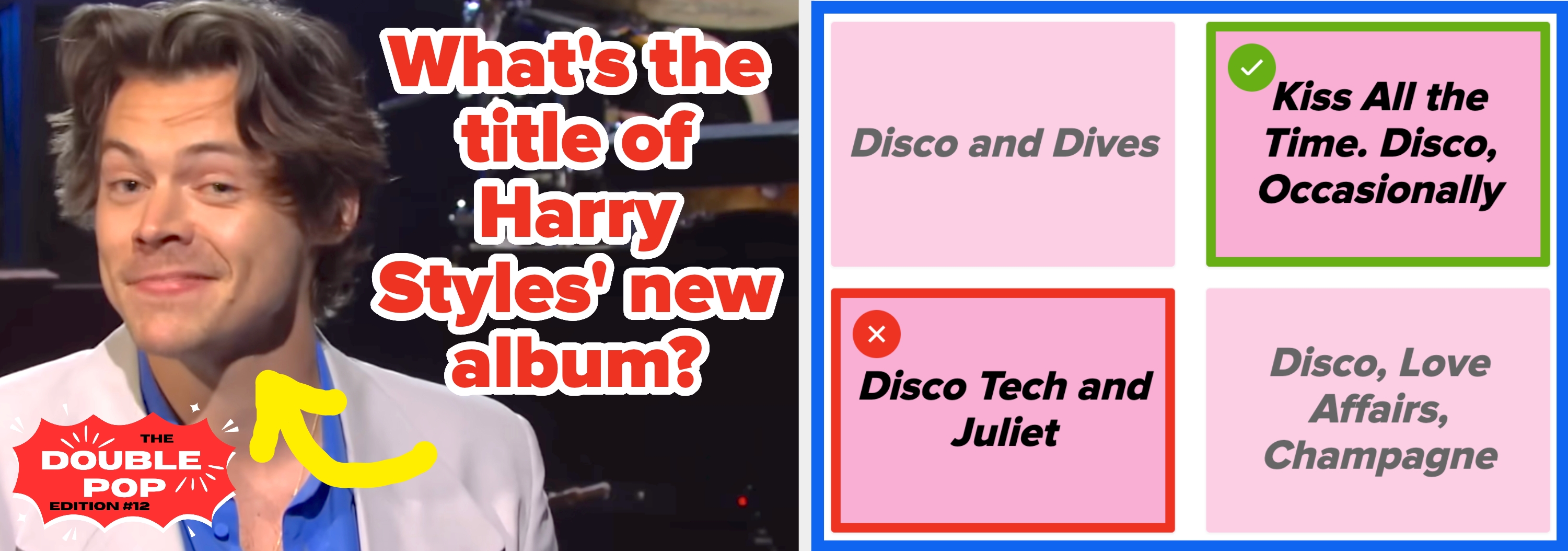 Person smiling beside a quiz about Harry Styles' new album title, showing three incorrect options and one correct: "Kiss All the Time. Disco, Occasionally."