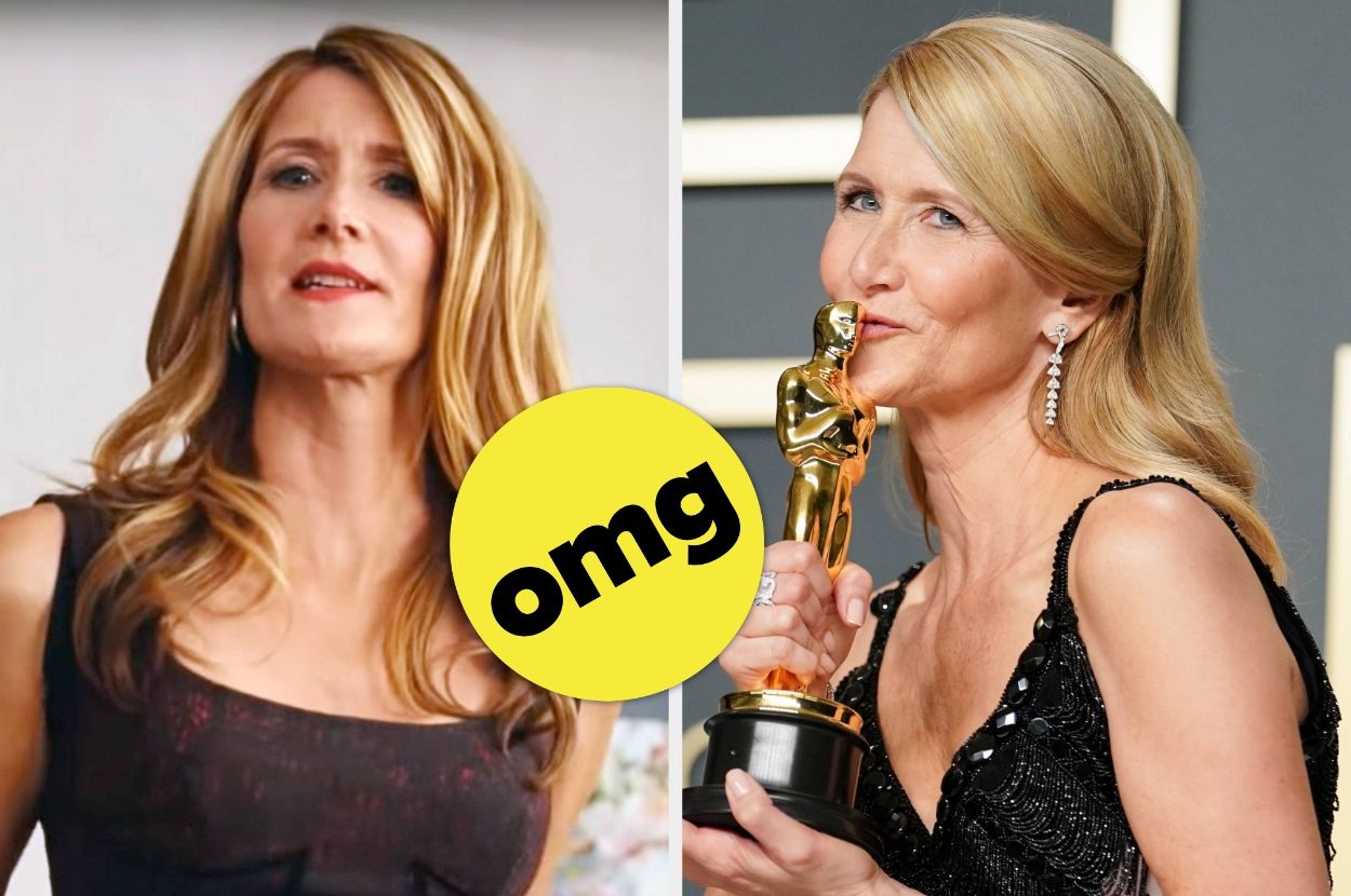 Two images of a woman with long hair; one in a sleeveless top, the other in an elegant gown kissing an award statuette. Yellow circle with "OMG."