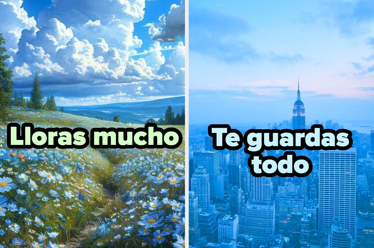 Paisaje campestre con texto "Lloras mucho" a la izquierda; vista urbana con texto "Te guardas todo" a la derecha