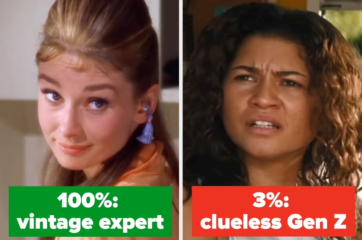 Split image of a woman labeled "100%: vintage expert" and another person labeled "3%: clueless Gen Z"