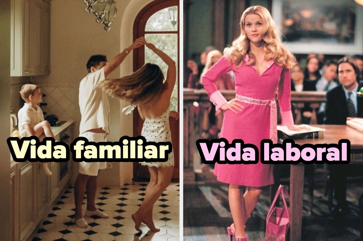 Imagen dividida: a la izquierda, una escena familiar en una cocina; a la derecha, una persona en traje formal rosa en un entorno de oficina