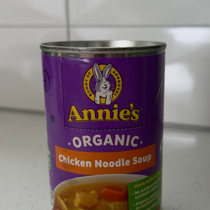 Can of Annie's Organic Chicken Noodle Soup on a kitchen counter