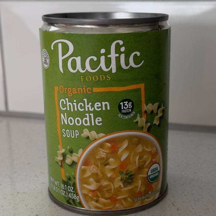 Can of Pacific Foods Organic Chicken Noodle Soup on a counter