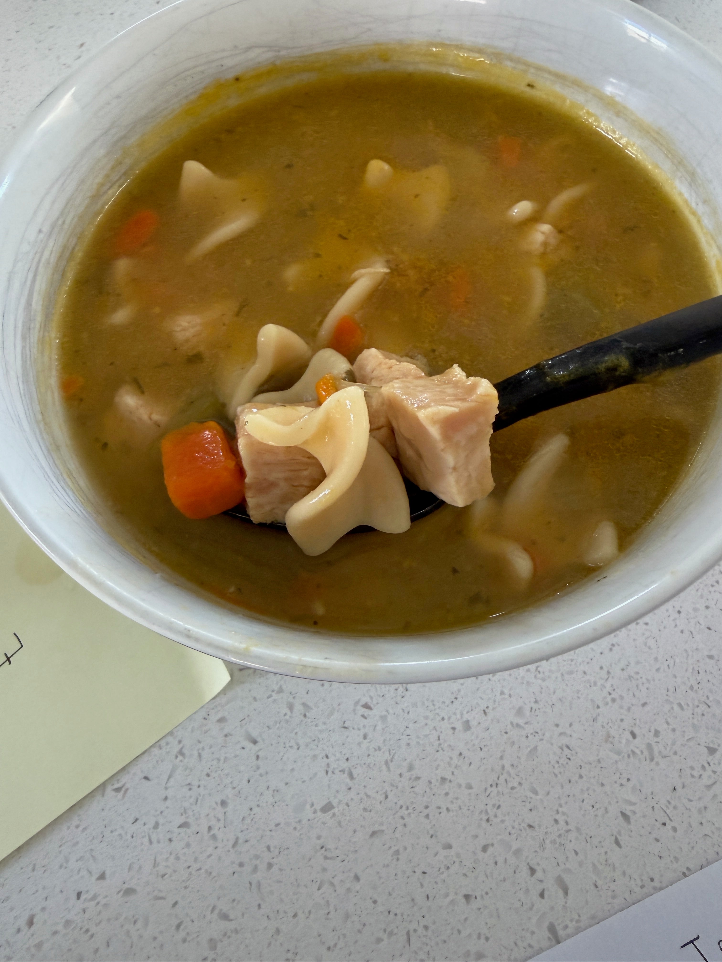 Bowl of chicken noodle soup with chunks of chicken, carrots, and noodles on a black spoon