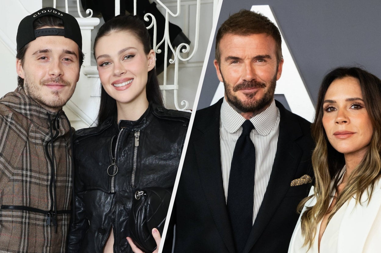 Two couples pose for photos: one in casual outfits with a plaid shirt and leather jacket, and another in formal attire with suits and elegant dresses