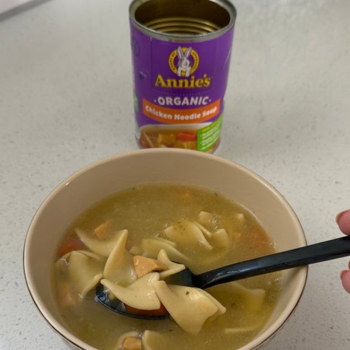 Bowl of chicken noodle soup with a black spoon, in front of a can labeled "Annie's Organic Chicken Noodle Soup."
