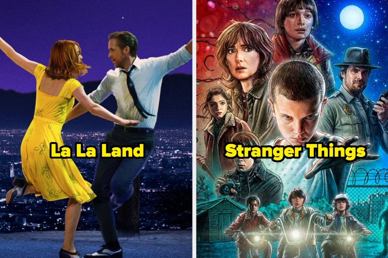 Imagen dividida: a la izquierda, escena de baile de "La La Land"; a la derecha, póster del elenco de "Stranger Things"