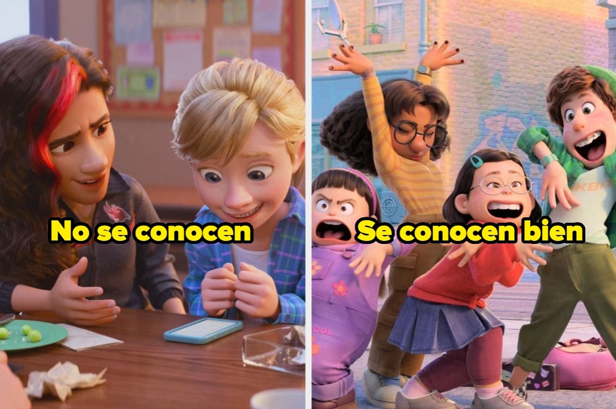 Personajes animados comparan desconocidos con amigos cercanos en dos escenas diferentes, mostrando varias expresiones y posturas