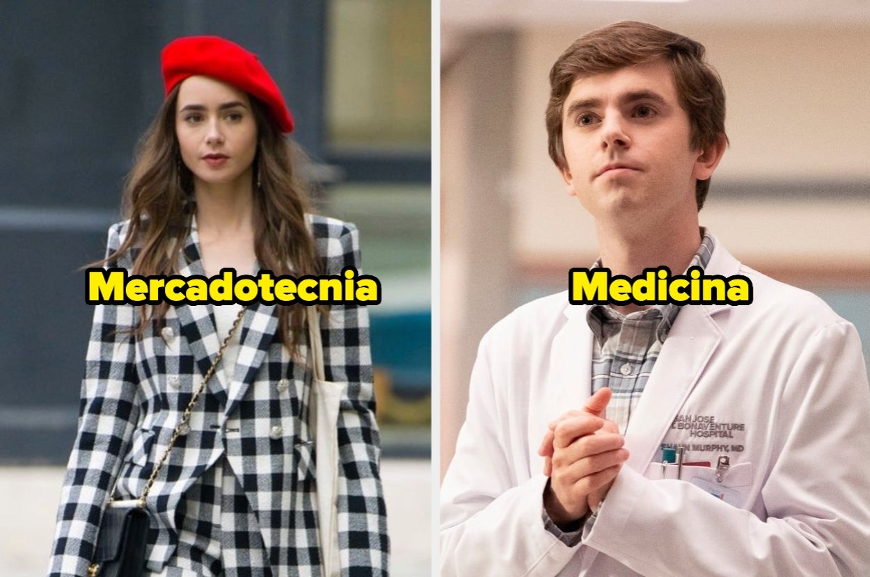 Mujer con boina y abrigo a cuadros etiquetada como "Mercadotecnia"; hombre en bata de médico etiquetado como "Medicina"