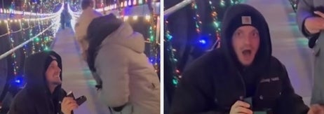 光るトンネルでプロポーズ中、指輪の箱を落としかけた瞬間のカップル。