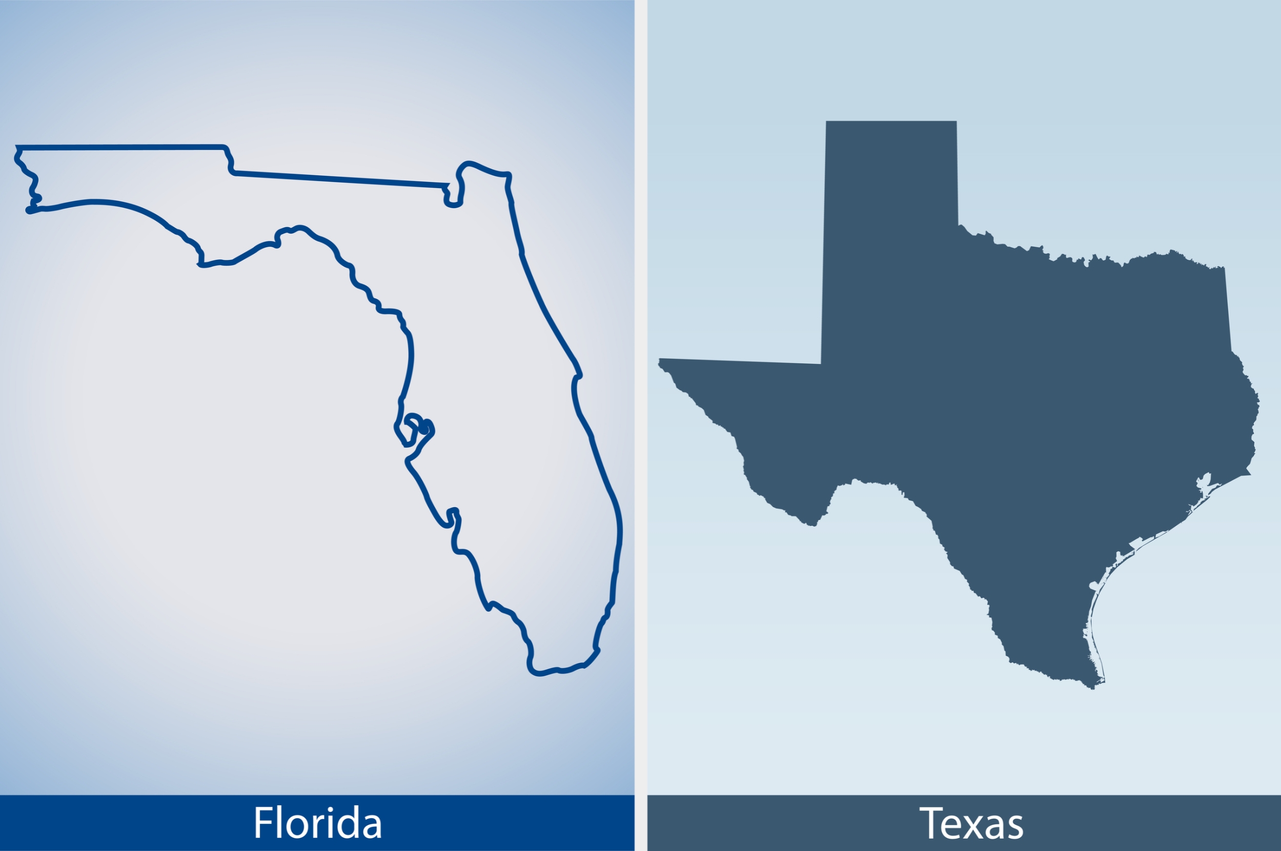 Outline maps of Florida on the left and Texas on the right, each with a label below
