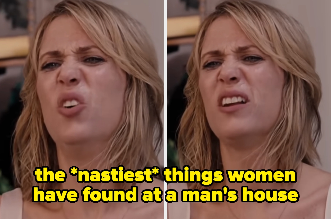 Split image of a woman with a disgusted expression, text overlay: "the *nastiest* things women have found at a man's house"
