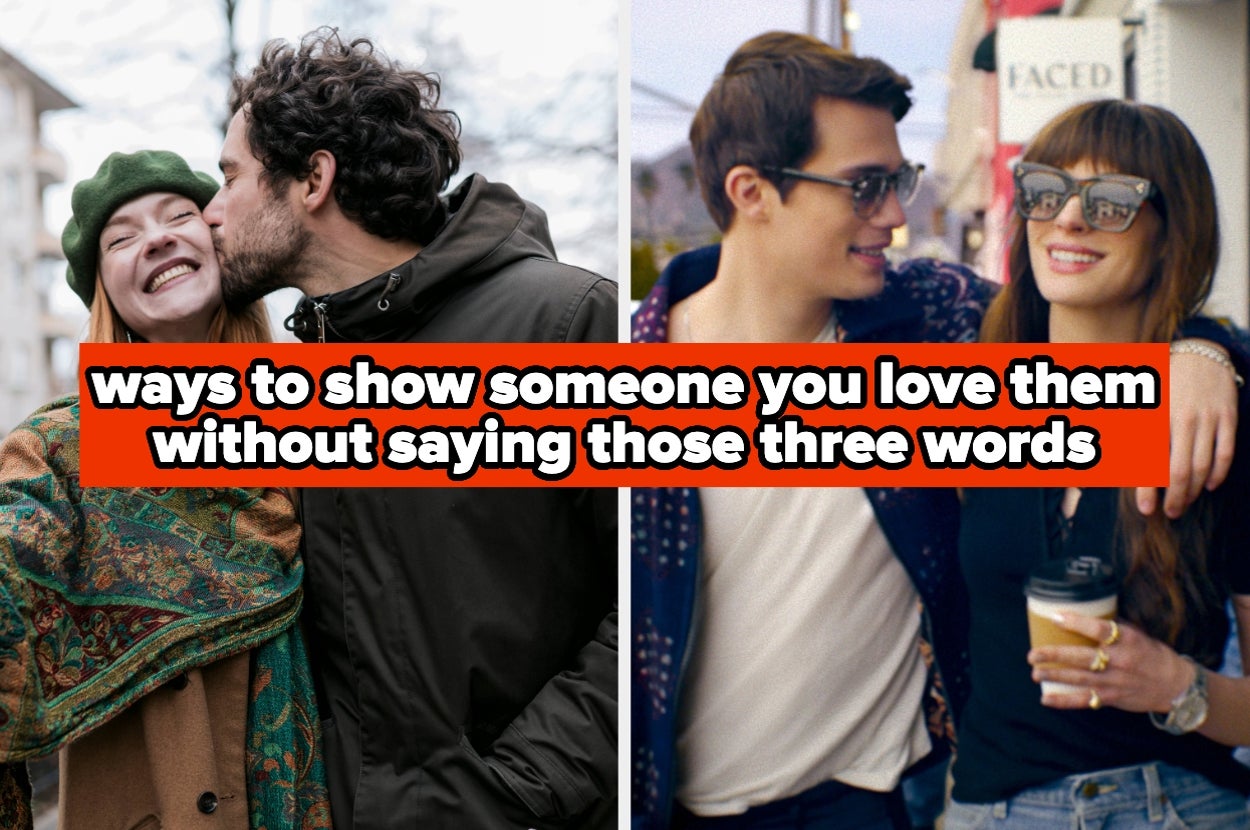 Split image of two couples showing PDA, text overlay: "ways to show someone you love them without saying those three words"