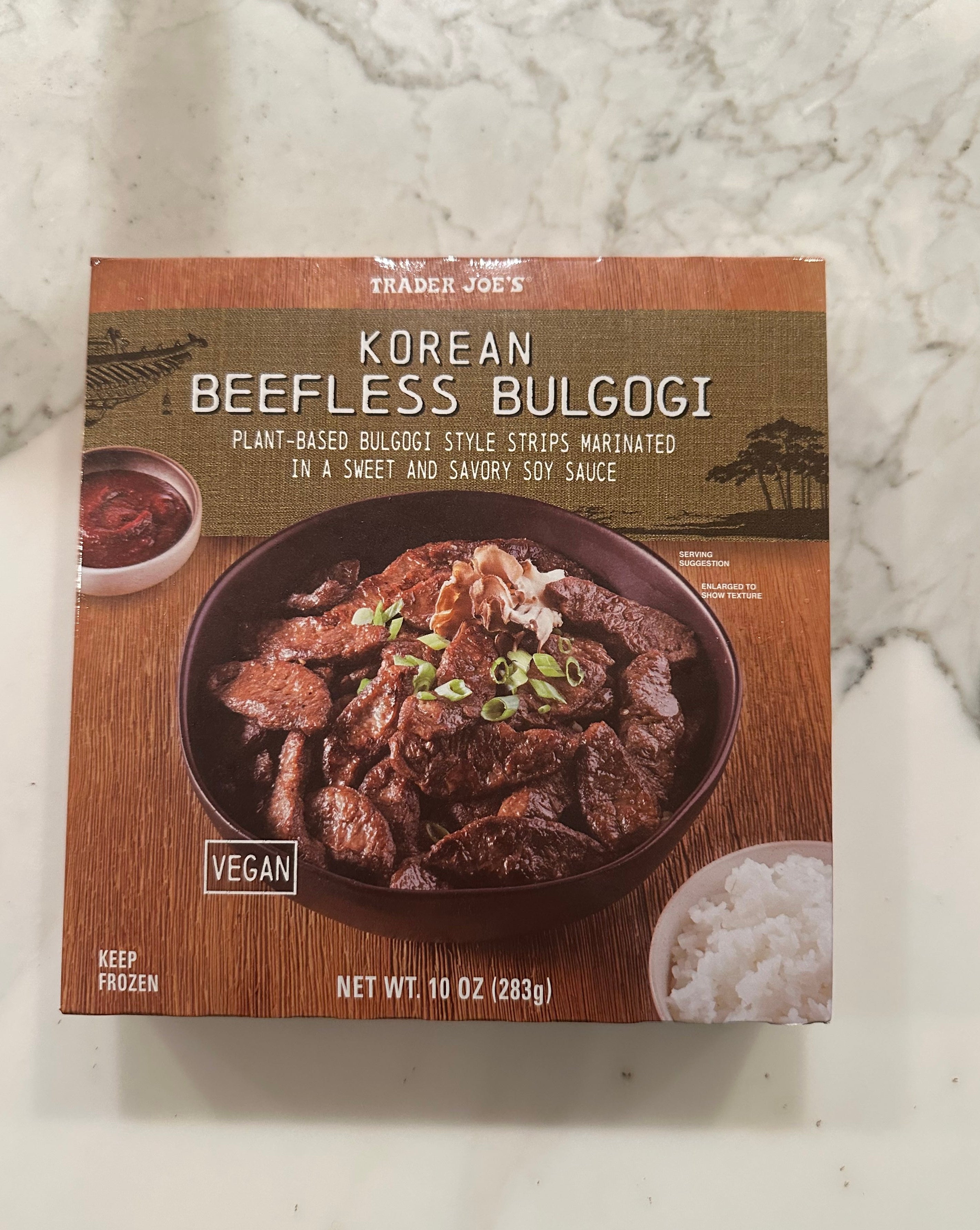 A box of Trader Joe's Korean Beefless Bulgogi, featuring plant-based bulgogi strips in sweet soy sauce