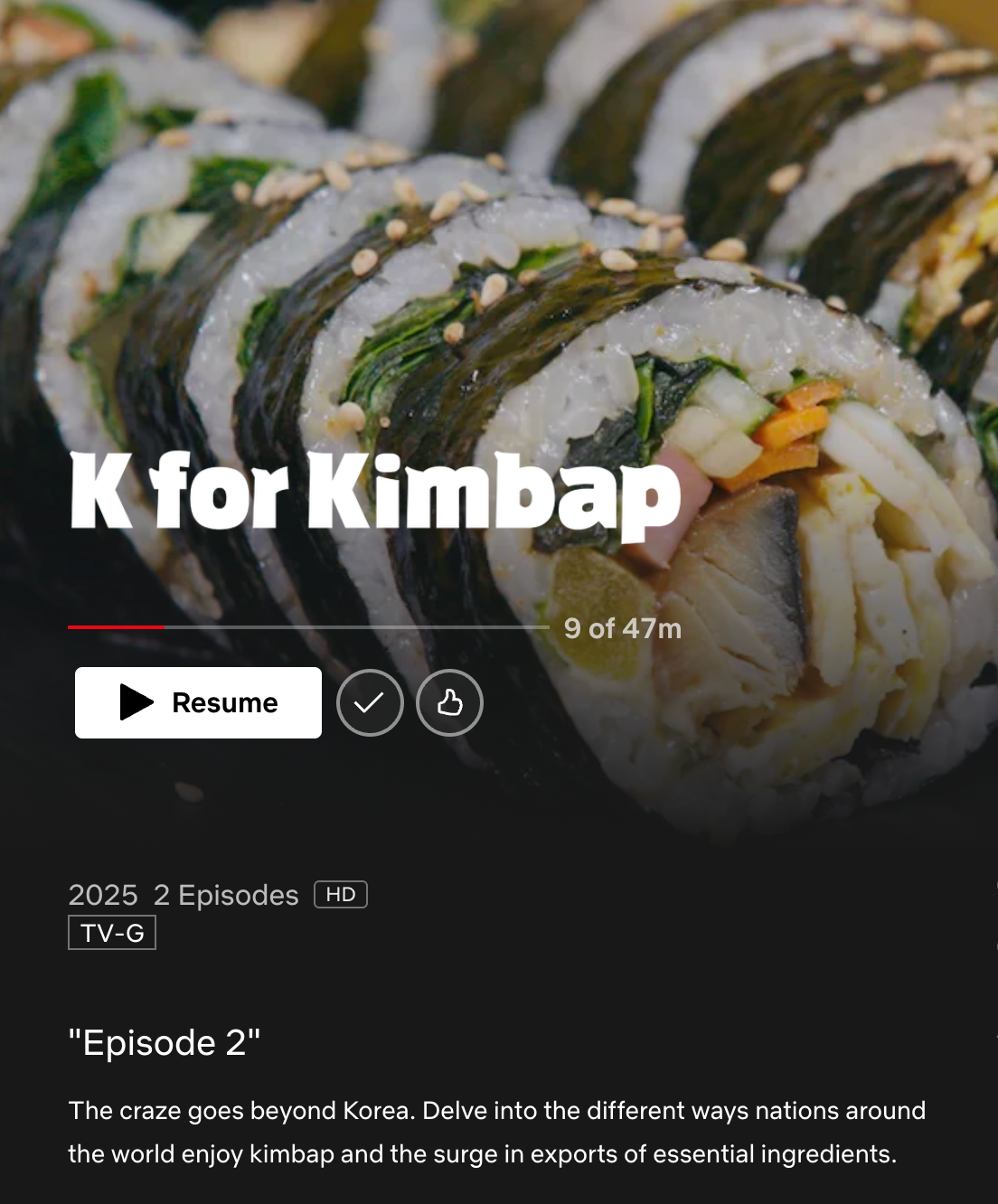 Close-up of kimbap rolls with a synopsis for a food show titled "K for Kimbap," discussing its global popularity and ingredient exports