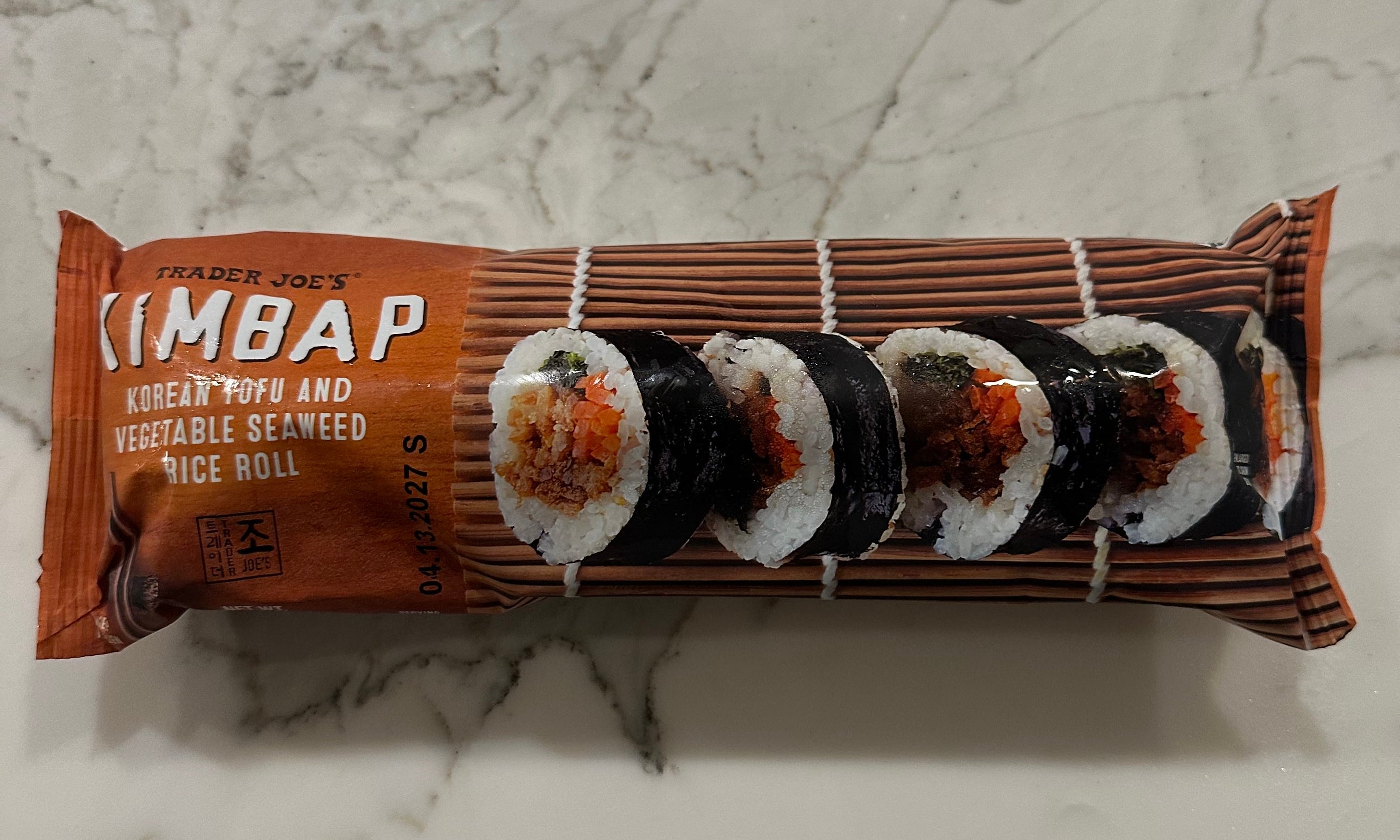 Trader Joe’s Kimbap package showing tofu and vegetable seaweed rice rolls