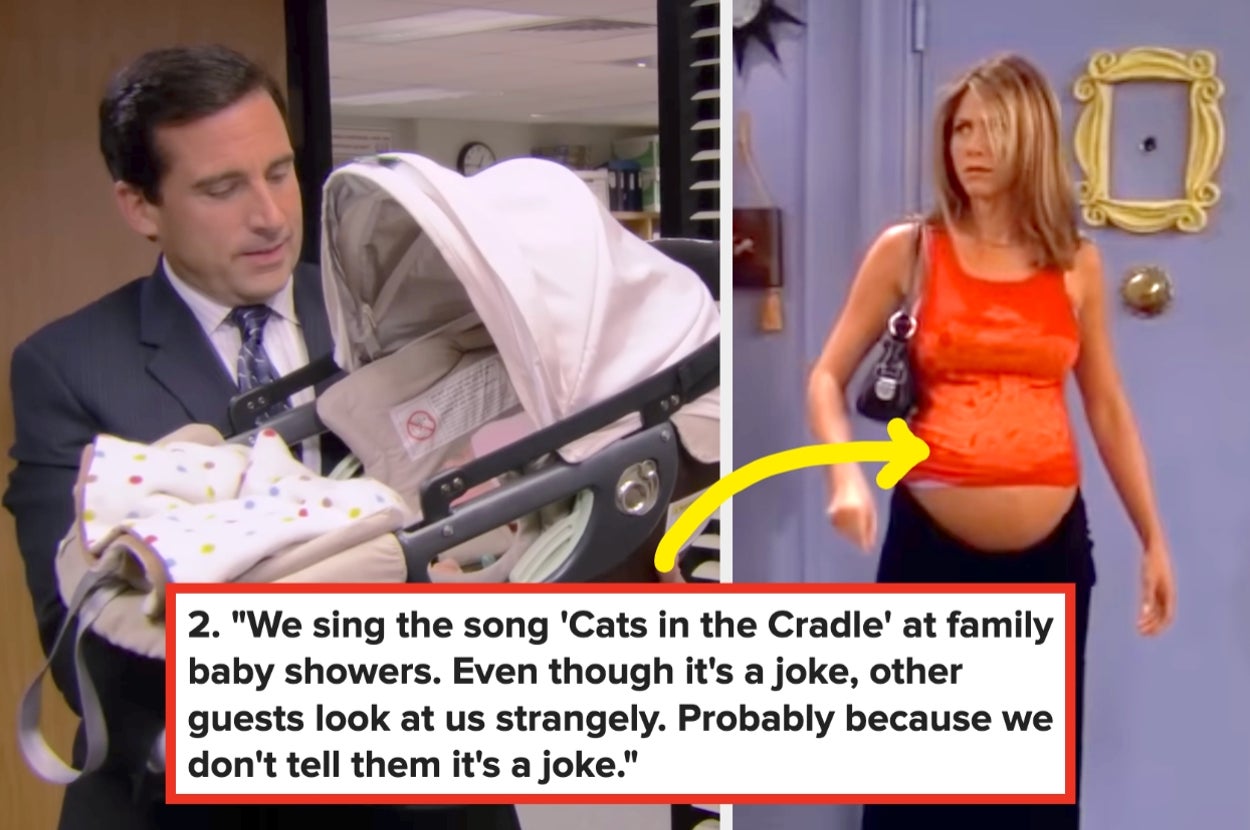 A man holds a baby in a carrier, and a woman wears a sleeveless top with a handbag. Overlay text shares a humorous family baby shower anecdote