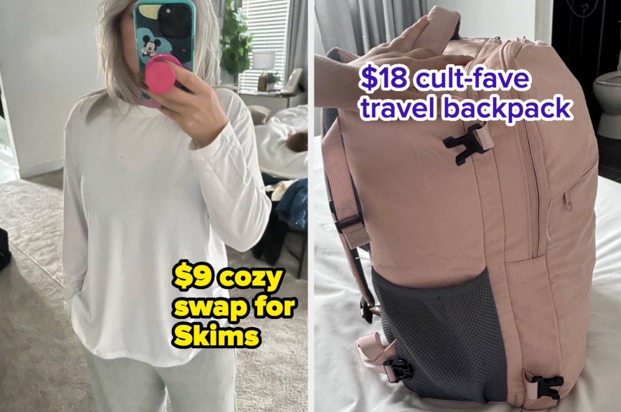 Left: Person in a casual, cozy outfit. Right: Popular, affordable travel backpack with multiple compartments on a bed