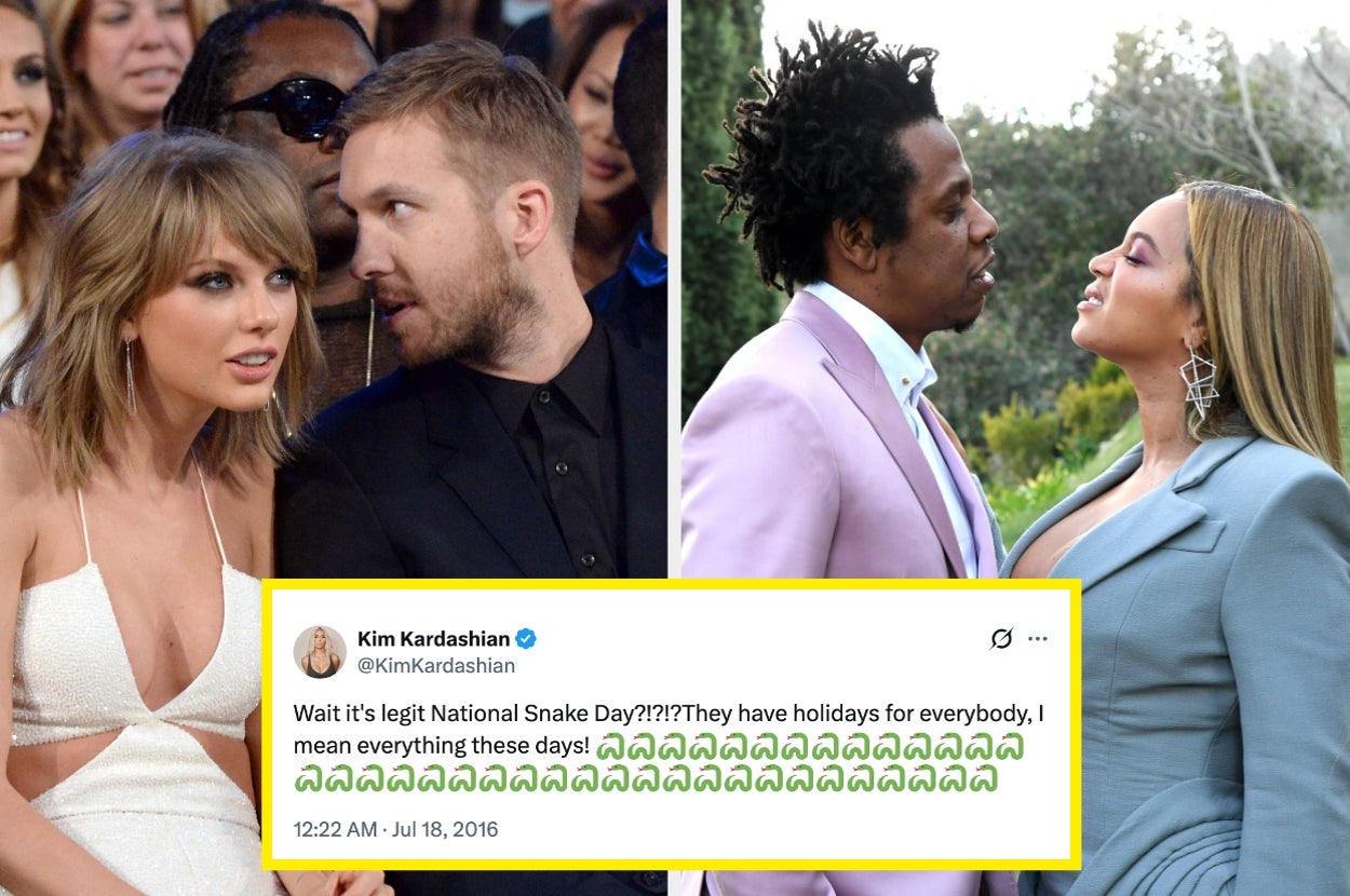 Split images of Taylor Swift and Calvin Harris, and Jay-Z and Beyoncé. Tweet over from Kim Kardashian references "National Snake Day"