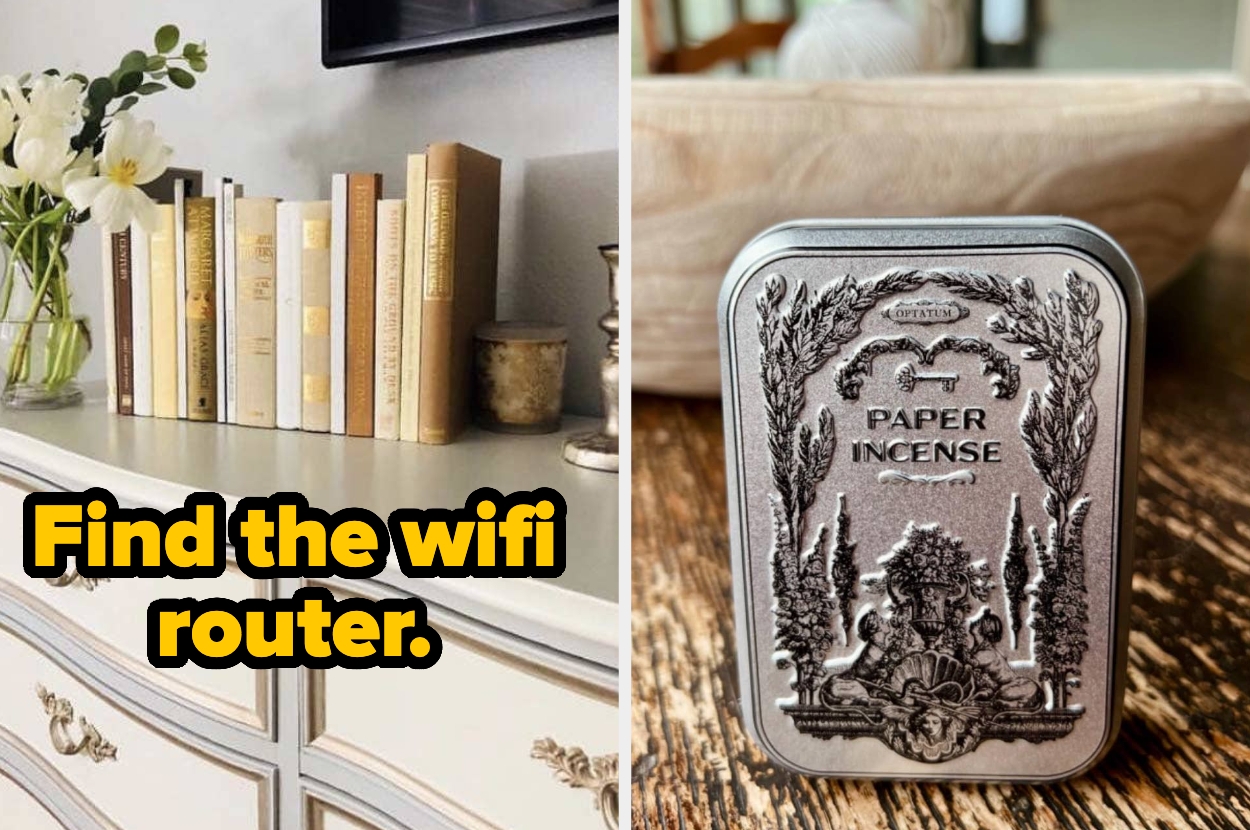 Books conceal a hidden wifi router; the product "Paper Incense" is showcased in a decorative tin