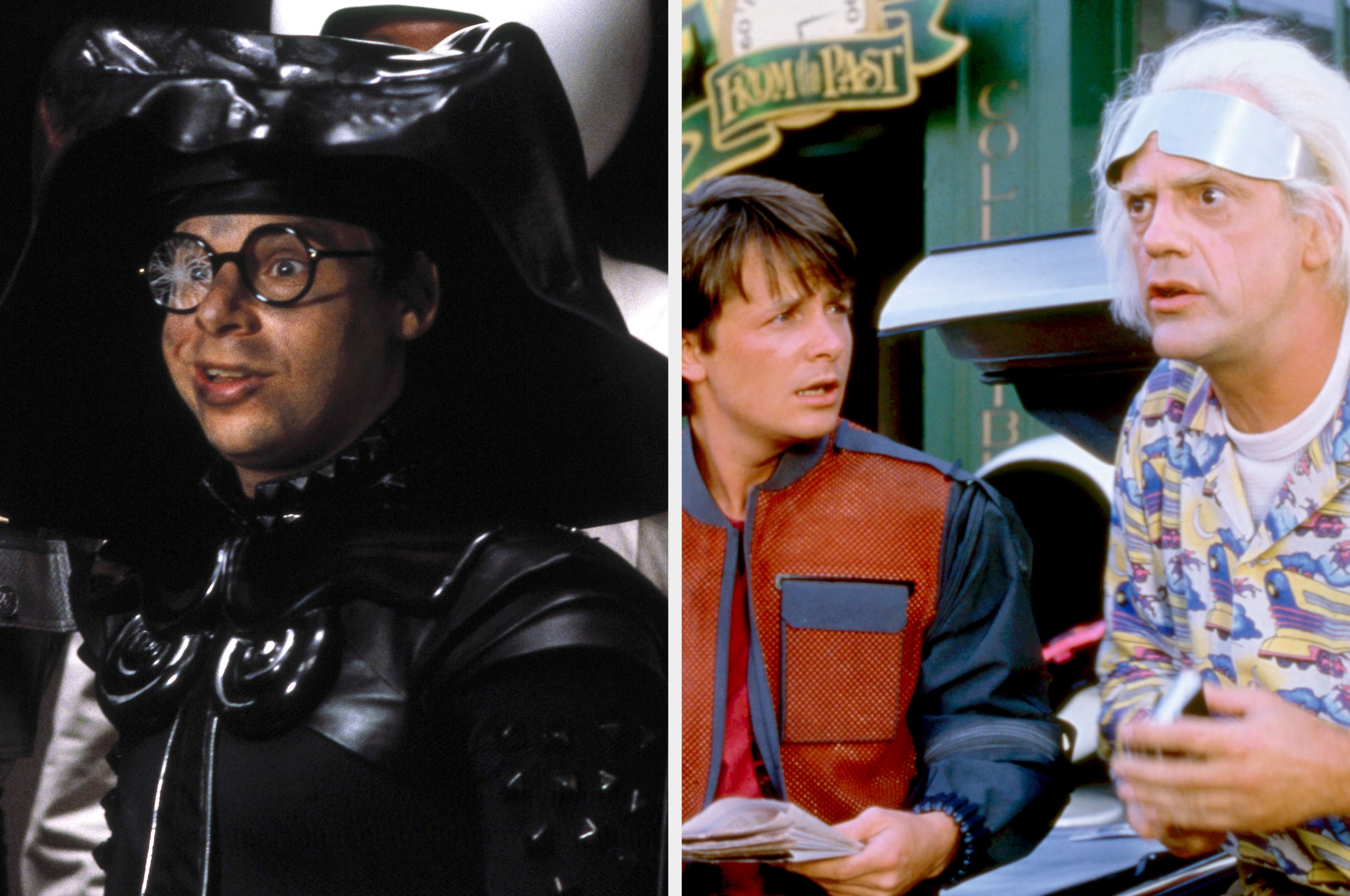 Left: Person in sci-fi costume with helmet and monocle. Right: Two people in casual, futuristic clothing look surprised near a car prop