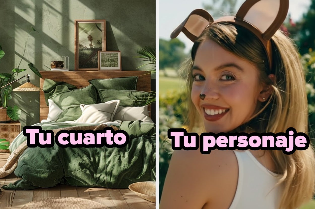 A la izquierda, una cama desordenada en una habitación. A la derecha, una persona sonriendo con orejas de ratón. Texto: "Tu cuarto", "Tu personaje"