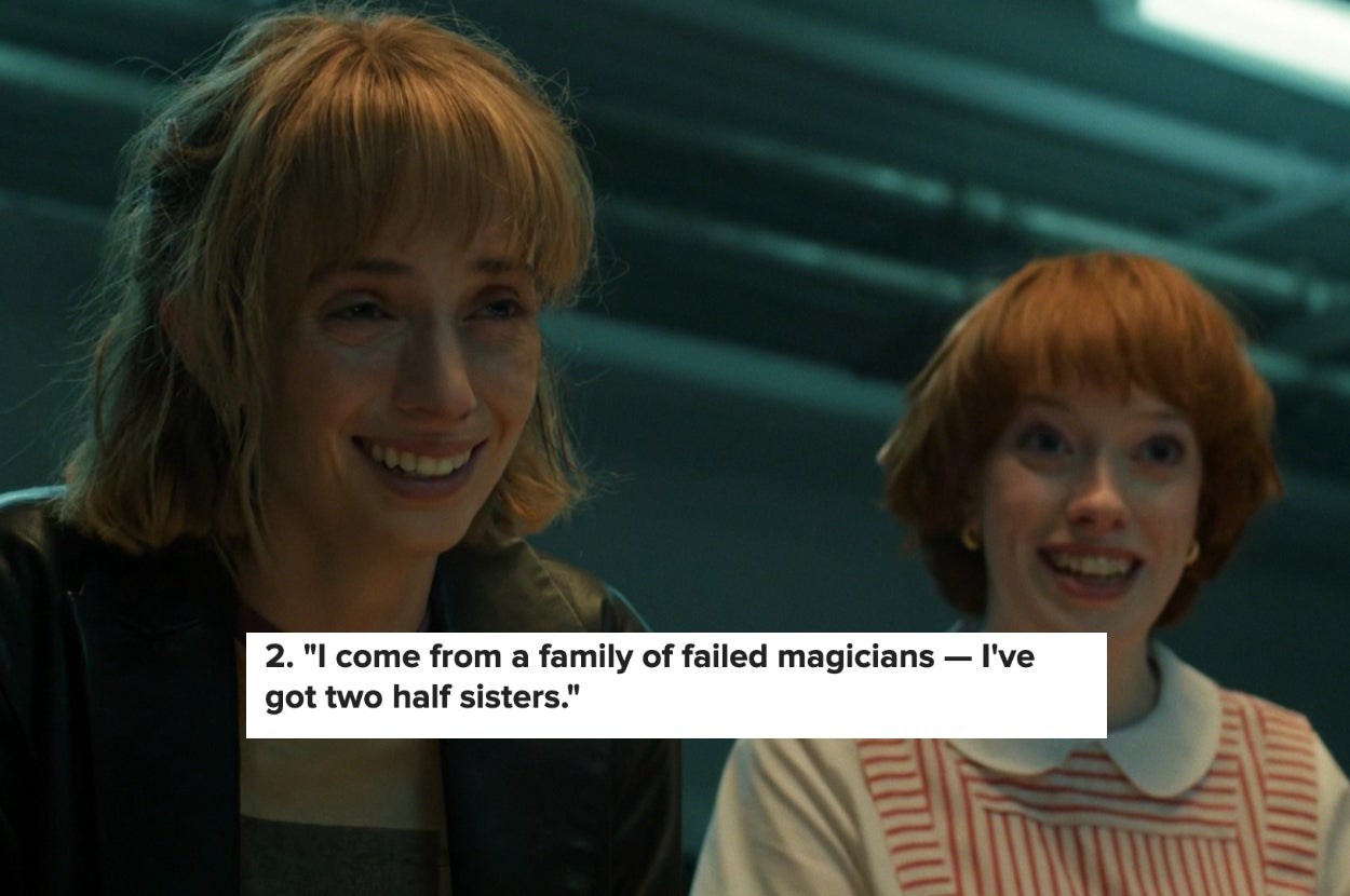 Two women smiling, one with short hair in a leather jacket and the other in a striped shirt, with text about half-sisters and magicians