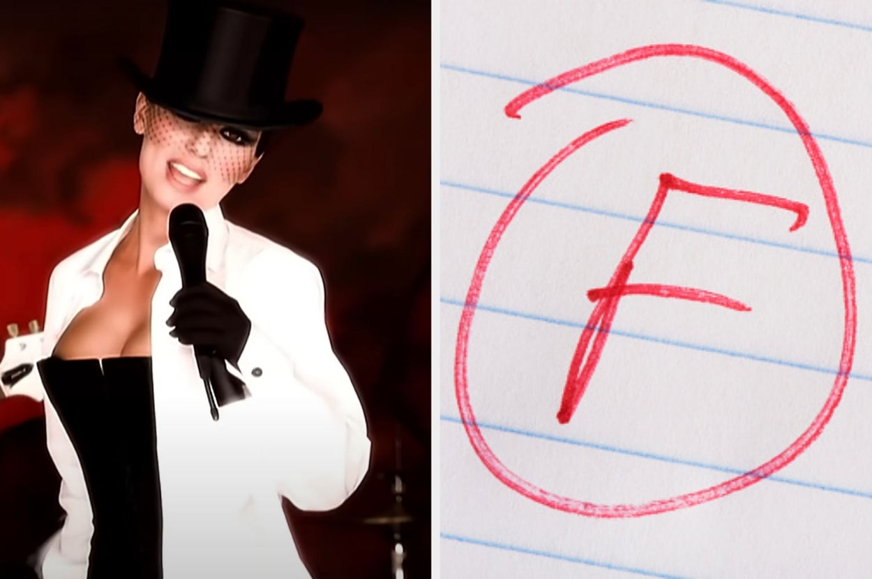 Left: Person in a top hat and veil sings passionately. Right: "F" in red ink circled on notebook paper