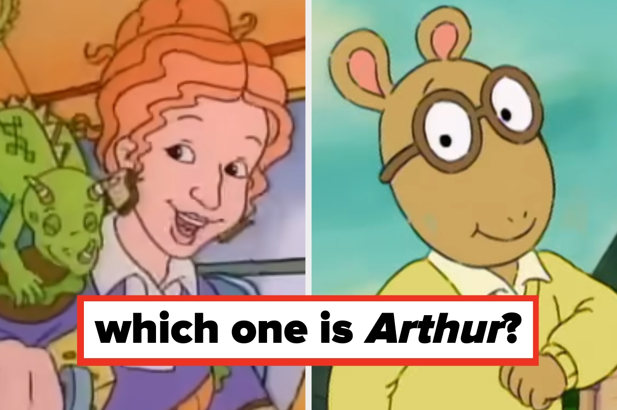 Cartoon image split showing Ms. Frizzle with a green lizard and Arthur the aardvark, with text asking "which one is Arthur?"