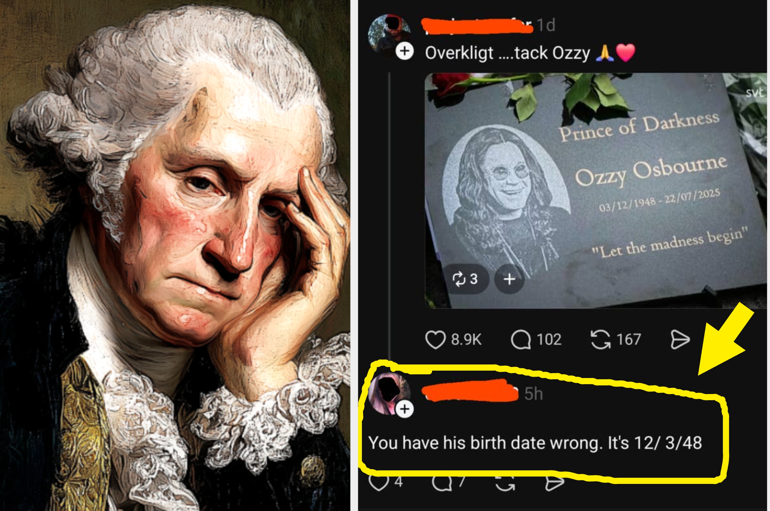 Painting of George Washington; social media post error on Ozzy Osbourne's birth date highlighted