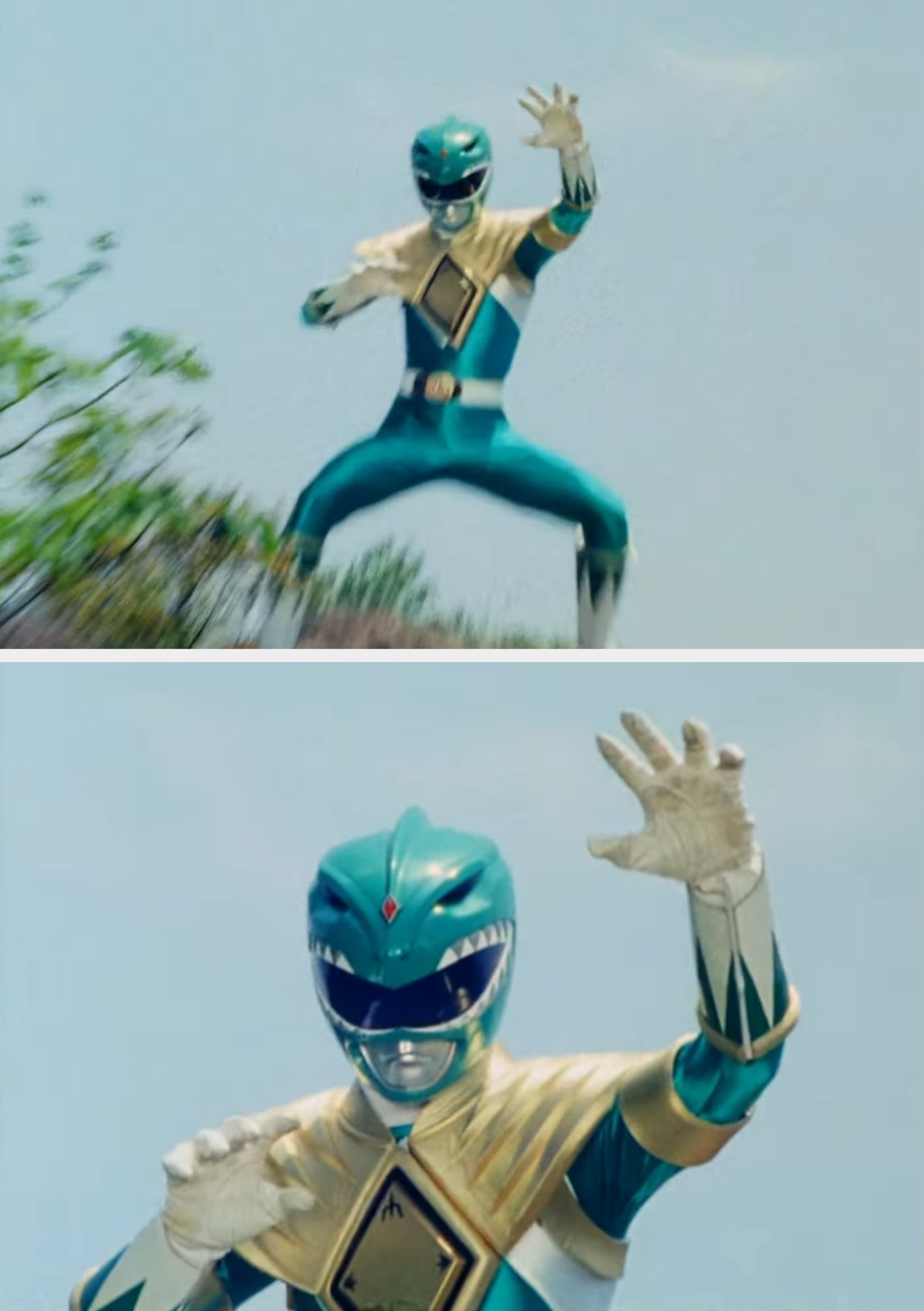 En person i et grønt, pansret superheltkostyme tar dynamiske kampsportstillinger i utendørs landskap