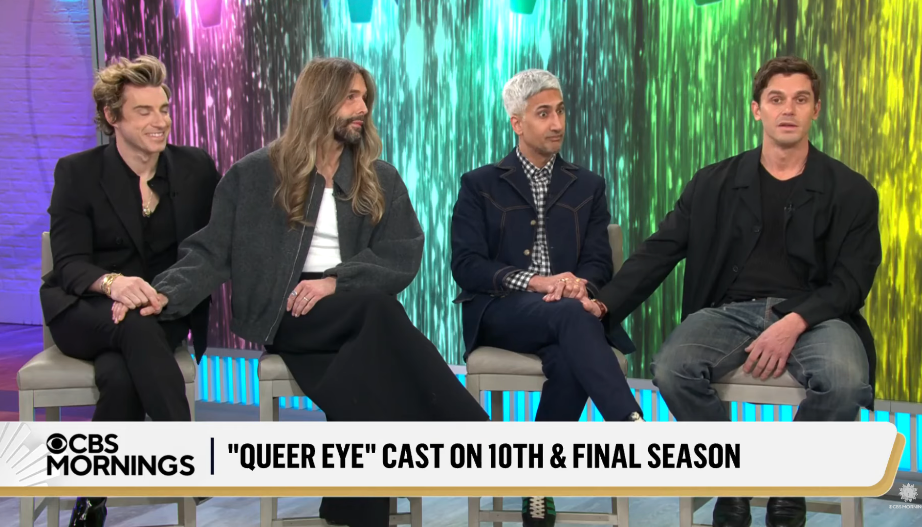 Four people from "Queer Eye" are sitting on a TV set, holding hands, with a caption about their 10th and final season
