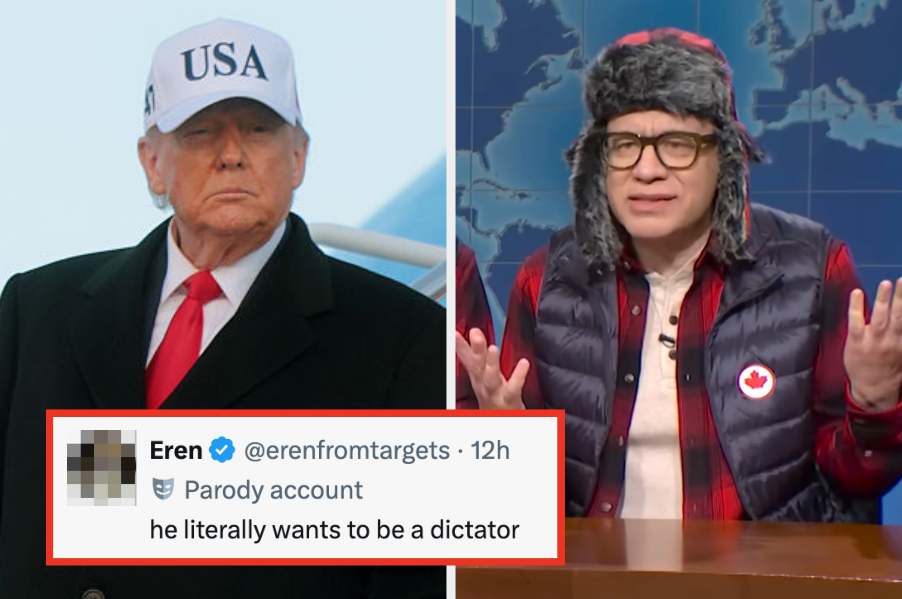 Left: Person in USA cap and suit. Right: Person in wig, glasses, and winter clothing on satirical news show. Tweet below mocks the left image