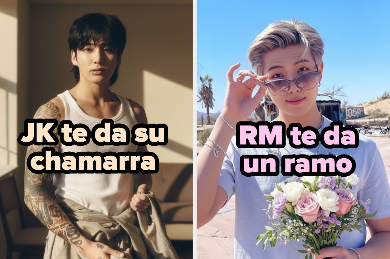 Montaje con dos imágenes: a la izquierda, un hombre con camisa blanca; a la derecha, otro hombre sosteniendo un ramo de flores. Texto: "JK te da su chamarra", "RM te da un ramo"
