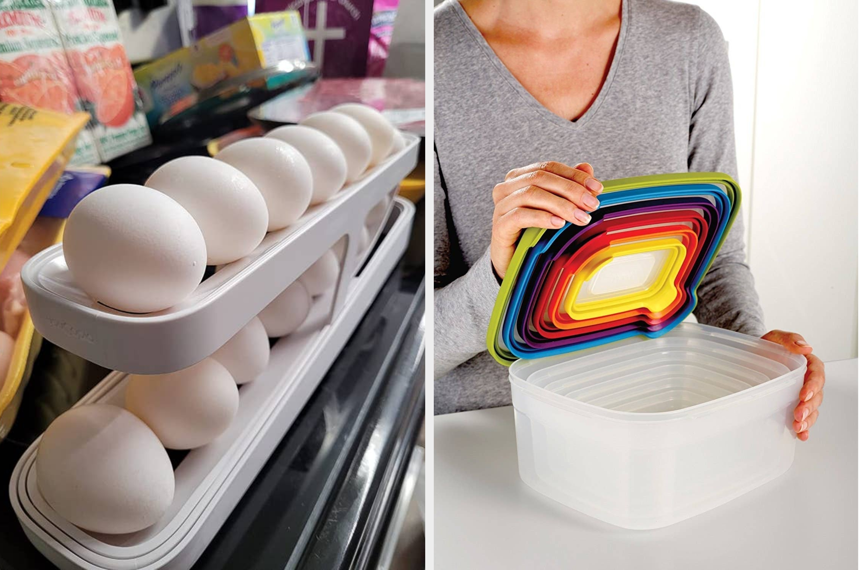 Egg holders in a fridge on the left; a person places nesting food containers on the right, showcasing efficient kitchen storage solutions