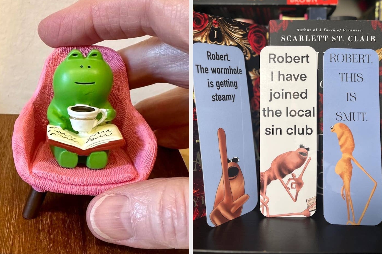 A small frog figurine sits on a pink chair holding a cup and book; humorous bookmarks beside show playful, cheeky text