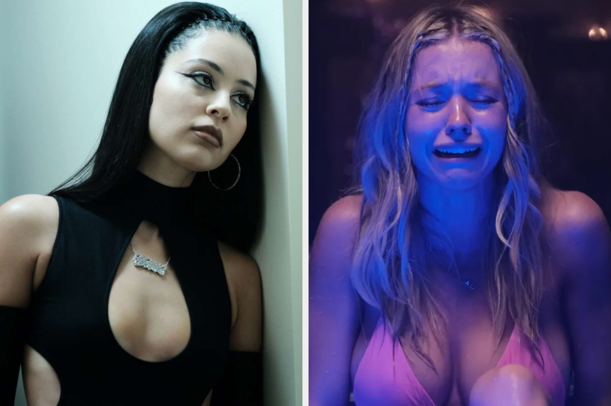 Two women: left wears a stylish black cutout dress with a choker; right is emotional in a bikini under blue light