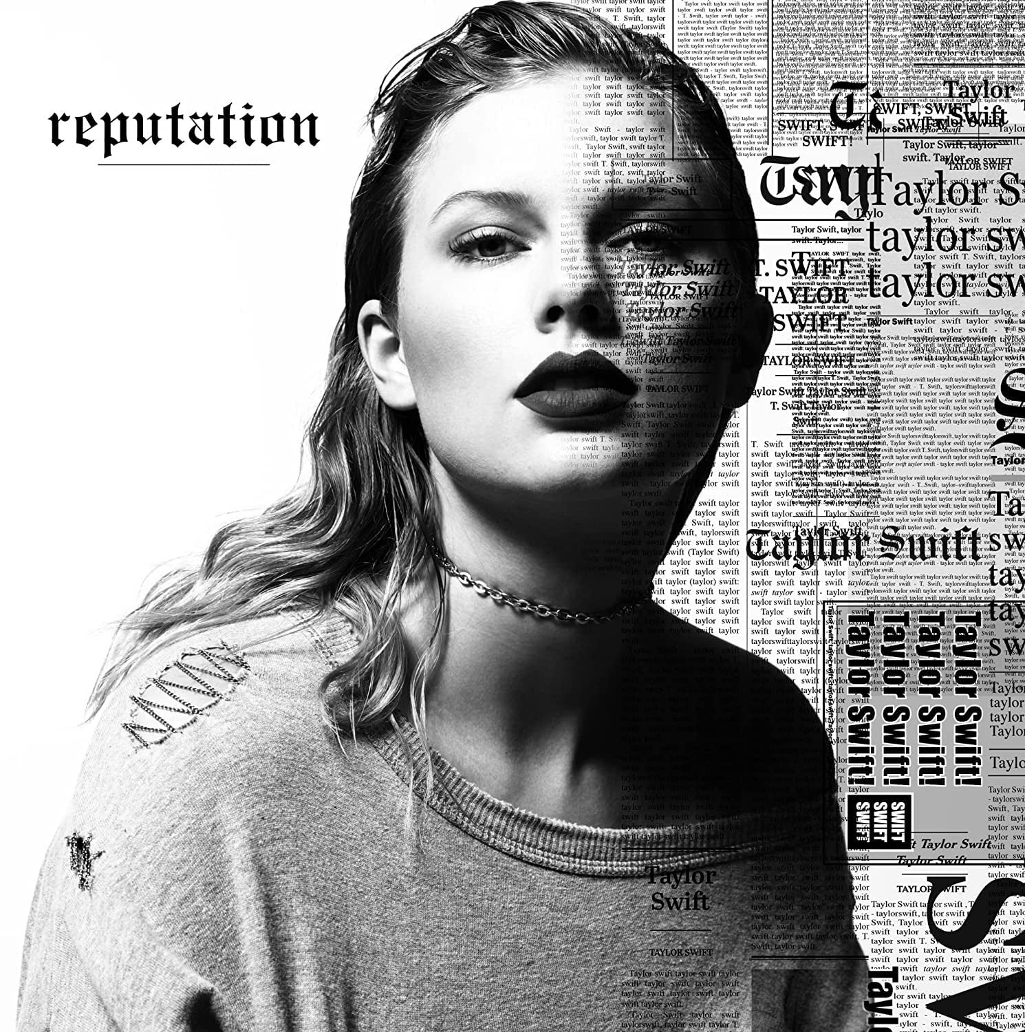 Album screen  shows a pistillate   successful  a casual top, with her look   partially overlaid by newspaper-style text. "Reputation" is prominently displayed