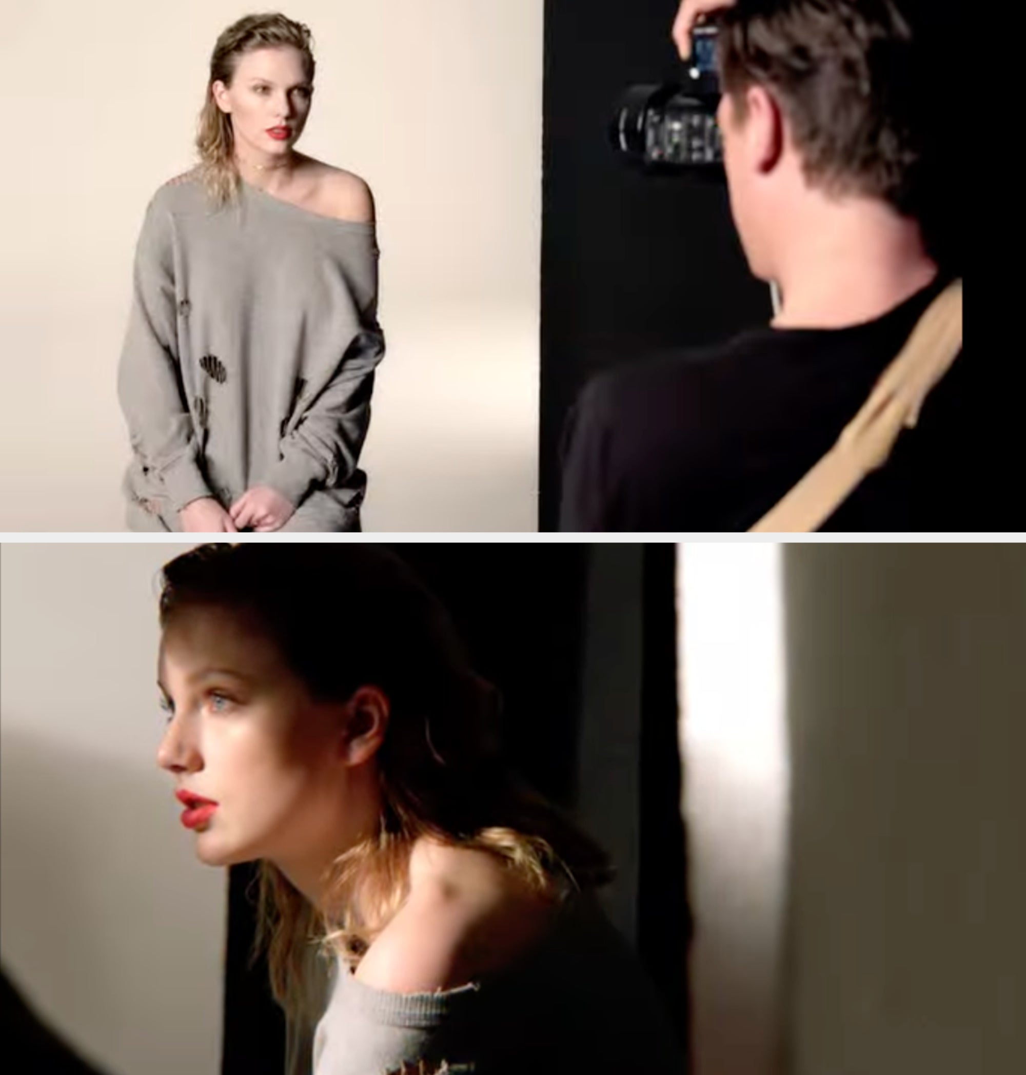 Person posing successful  an off-the-shoulder sweater during a photoshoot portion    a lensman  captures the image
