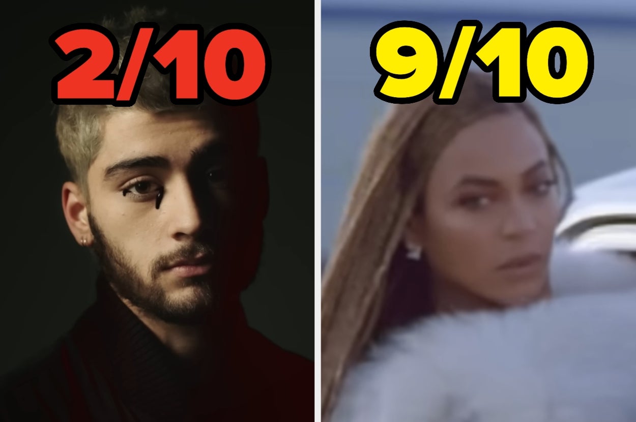 Split image: Left side shows a Zayn Malik rated 2/10; right side shows a Beyoncé in a fur coat rated 9/10