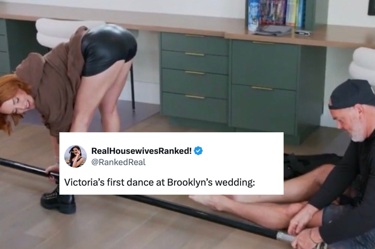 Person doing a playful pose with gym equipment, another seated nearby. Overlaid tweet reads: "Victoria’s first dance at Brooklyn’s wedding:"