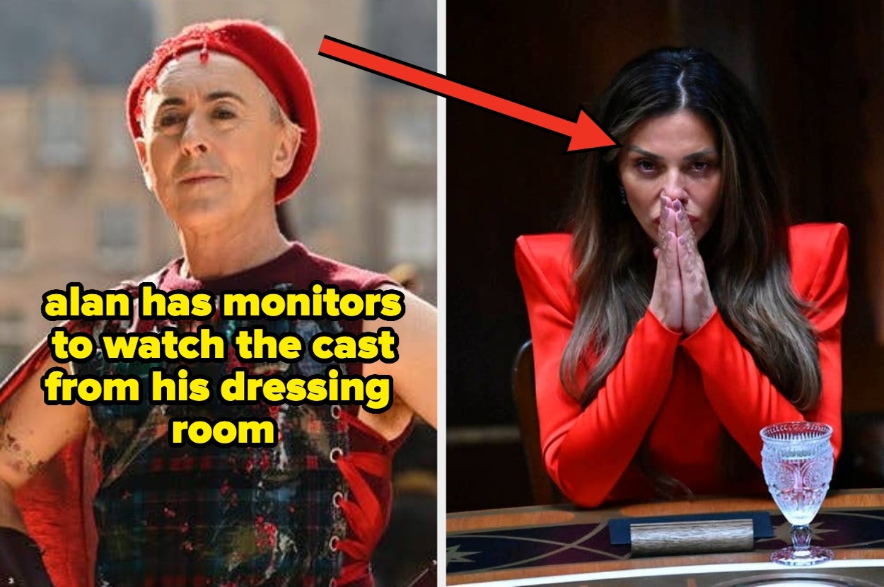 Two images: Left, person in whimsical outfit with beret; text: "Alan has monitors to watch the cast from his dressing room." Right, contemplative woman in red