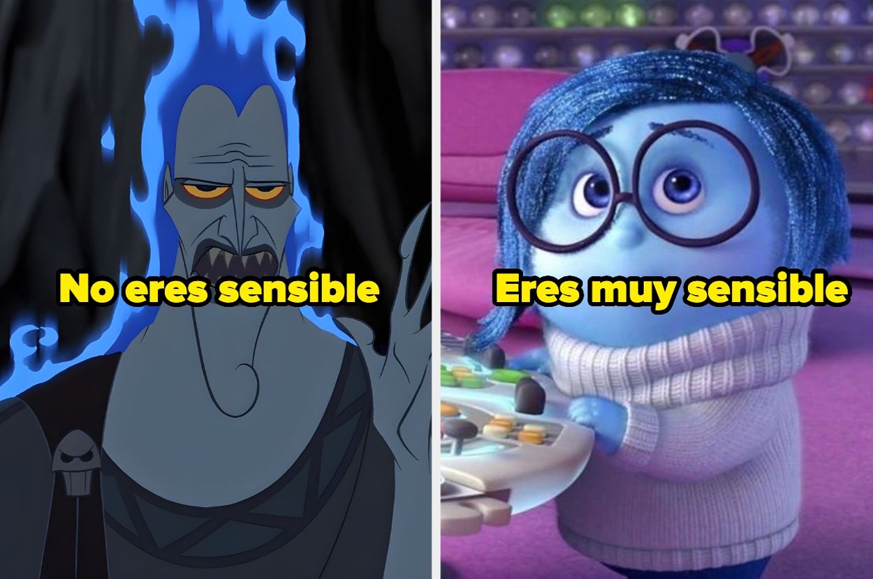 Imagen dividida: a la izquierda un personaje animado con expresión seria y el texto "No eres sensible"; a la derecha, uno con lentes, expresión triste y el texto "Eres muy sensible"