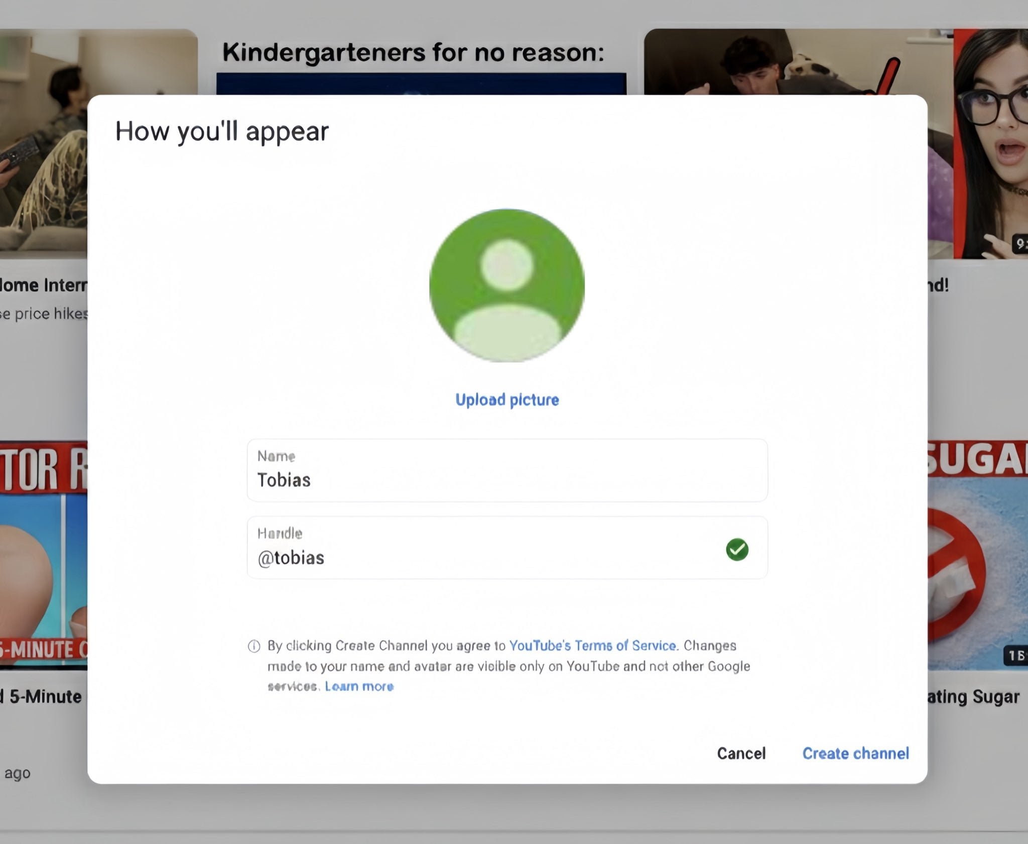 YouTube transmission  instauration  surface  with placeholder illustration   representation   and grip  filled arsenic  "@tobias." Options to upload picture, cancel, oregon  make  shown