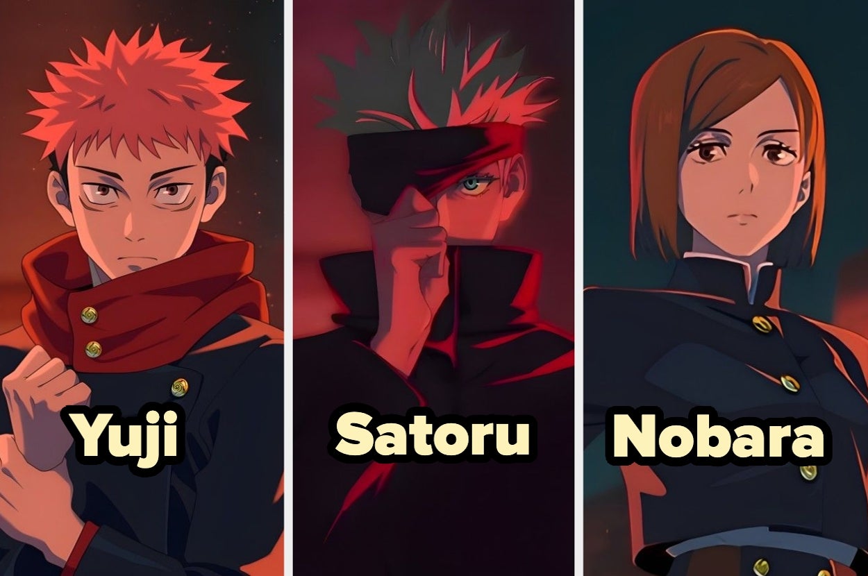 Yuji, Satoru y Nobara, personajes de anime, posan en uniformes escolares negros con expresiones serias. Sus nombres están escritos debajo