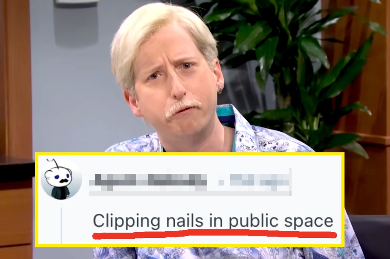 Person with a humorous expression beside text about clipping nails in public. Shirt with a quirky pattern, indoors