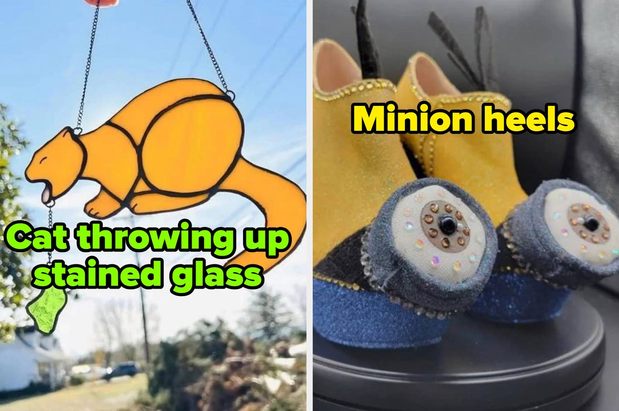 Two humorous images: left shows stained glass of a cat throwing up, right shows minion-themed heels